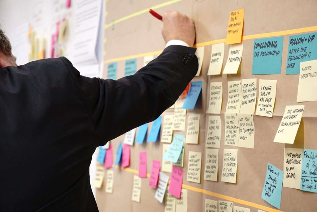 A man in a suit writing on a board with post it notes.